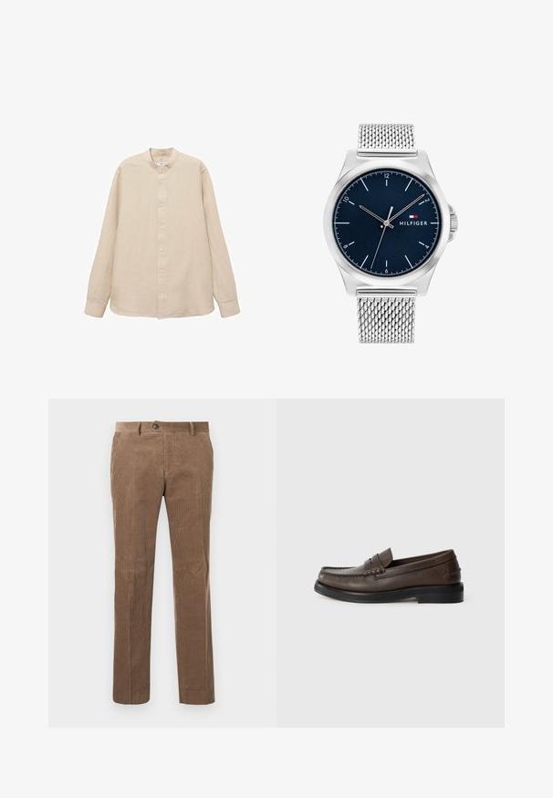 Dvojradový tmavo hnedý vlnený kabát s širokými klopami, dlhými rukávmi, bočnými vreckami a čiernymi gombíkmi.; Dlhý rukáv, béžová ľanová košeľa s mandarínským golierom, predným gombíkovým zapínaním a rovnými okrajmi; hladká textúra a ľahký dizajn.; Hnedé kordové nohavice s vertikálnou ribbou, rovný strih, jednoprúžkovým zapínaním a dvoma prednými vreckami.; Hnedé kožené loafery s okrúhlou špičkou, detailným prešívaním a plochou čiernou podrážkou. Obsahujú malý dekoračný pásik cez priehlavok.; Tommy Hilfiger HERRENUHR CLASSIC - Hodinky - blau- und silberfarben