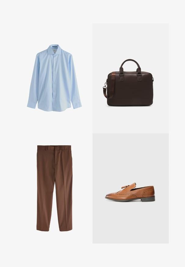 Dvigubos krūtinės tamsiai rudos vilnos paltas su plačiais atvartais, ilgomis rankovėmis, šoniniais kišenėmis ir juodais sagčių uždarymais.; Šviesiai mėlyna ilgomis rankovėmis mygtukų marškiniai, pagaminti iš lygaus audinio, su smailiu apykakle ir septyniais priekiniais mygtukais, su laisvu siluetu ir užlenktomis rankovėmis.; Rudos pritaikyti kelnių su lygiu audiniu, tiesiomis kojomis, diržo kilpomis ir viena priekinė raukšlė. Nėra matomų kišenių ar akcentų.; Rudos odinės bateliai su perforuotais detalėmis, tekstūruotomis šoninėmis dalimis, lygiu padu ir dekoratyvine juostele viršuje. Klasikinis dizainas su lygia apdaila.; Ruda odinė nešiojamojo kompiuterio rankinė su tekstūruota paviršiumi, dviem viršutiniais rankenomis, reguliuojama juosta ir dviem priekiniais sagtimis papildomam akcentui.