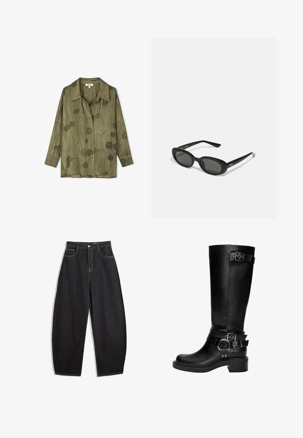 Zwarte leren jack met een brede kraag, rits aan de voorkant, twee zijzakken en een riem in de taille, met een losse pasvorm en een gladde textuur.; Olijfgroen overhemd met knopen, een kraag, lange mouwen en bloemmotieven. Gemaakt van lichte, textuurstof met een losse pasvorm.; Zwarte denim wijde pijpenbroek met een hoge taille, voorzien van gele stiksels, twee voorkruiken en een enkele knoopsluiting.; Zwarte leren kniehoge laarzen met een ronde neus, een gestapeld hak en meerdere decoratieve banden met zilveren gespen en accenten.; Zwarte zonnebril met ovale lenzen, glanzend kunststof montuur en slanke armen. Bevat het Ray-Ban-logo in het wit aan de zijkant.; Zwarte leren handtas met gevlochten handvatten, textuur op het oppervlak, ritsvak aan de voorkant en decoratieve franjes. Compacte en gestructureerde vorm.