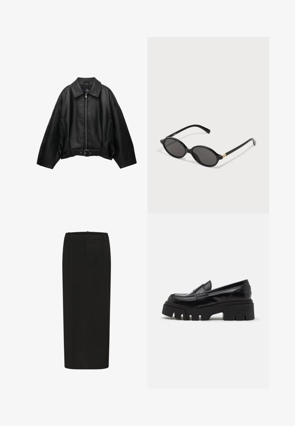 Schwarze Lederjacke mit einem breiten Kragen, Reißverschluss vorne, zwei Seitentaschen und einem taillierten Bund, mit lockerem Schnitt und glatter Textur.; Weißes ärmelloses Tanktop mit quadratischem Ausschnitt, glatter Textur und figurnahen Schnitt. Hergestellt aus leichtem Material.; Schwarzer Bleistiftrock mit gerader Silhouette, aus festem Stoff gefertigt, mit vorderen Falten und einem niedrigen Taillenbund. Keine sichtbaren Verschlüsse.; Schwarze Lederloafer mit einer massiven, strukturierten Plateausohle und einem dekorativen Riemen über dem Obermaterial. Glatte, glänzende Oberfläche.; Schwarze ovale Sonnenbrille mit dunklen Gläsern, glänzendem Kunststoffrahmen und goldenen Akzenten an den Bügeln.; Kleine schwarze Lederhandtasche mit strukturiertem Design, ausgestattet mit einem dreieckigen Klappdeckel und verstellbarem Tragegurt. Hardware-Akzente aus schwarzem Metall.