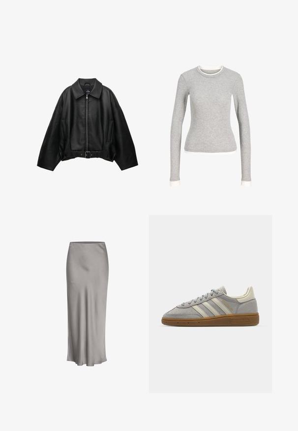 Zwarte leren jack met een brede kraag, rits aan de voorkant, twee zijzakken en een riem in de taille, met een losse pasvorm en een gladde textuur.; Grijze langemouwen shirt met een ronde hals, met een witte afwerking bij de halslijn en manchetten. Gemaakt van zachte, gestructureerde stof.; Grijze satijnen midi-rok met een soepele textuur, een lichte glans en een uitlopende zoom, met een eenvoudig, strak ontwerp.; Grijze suède sneakers met lichtgrijze leren strepen en een gomrubberen zool. Kenmerken zijn een vetersluiting en subtiele branding op de tong.