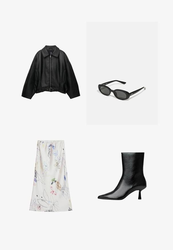 Zwarte leren jack met een brede kraag, rits aan de voorkant, twee zijzakken en een riem in de taille, met een losse pasvorm en een gladde textuur.; Lichtgrijze longsleeve top met off-shoulder ontwerp en zwarte accenten. Beschikt over een ronde halslijn met strikdetail op de rug. Gemaakt van een katoenmix.; Desigual WITH STROKES - Maxirok - beige; Zwarte enkelboot van glanzend leer met een spits toelopende neus en slanke hak, met een soepele textuur en minimalistisch ontwerp.; Zwarte zonnebril met ovale lenzen, glanzend kunststof montuur en slanke armen. Bevat het Ray-Ban-logo in het wit aan de zijkant.; Zwarte leren handtas met gevlochten handvatten, textuur op het oppervlak, ritsvak aan de voorkant en decoratieve franjes. Compacte en gestructureerde vorm.