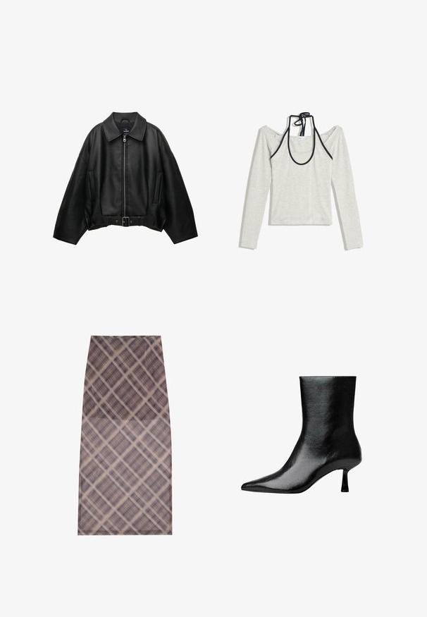 Schwarze Lederjacke mit einem breiten Kragen, Reißverschluss vorne, zwei Seitentaschen und einem taillierten Bund, mit lockerem Schnitt und glatter Textur.; Hellgraues langärmliges Oberteil mit schulterfreiem Design und schwarzen Akzenten. Verfügt über einen runden Ausschnitt mit einem Bindeband im Rücken. Aus Baumwollmischung.; Ein knielanger Rock aus einem durchsichtigen, leichten Stoff mit karierter Musterung in Brauntönen und Creme, glatter Textur und sauberen Kanten.; Schwarzer Knöchelschuh aus glänzendem Leder mit spitzem Zeh und schmalem Absatz, präsentiert sich mit glatter Textur und minimalistischem Design.
