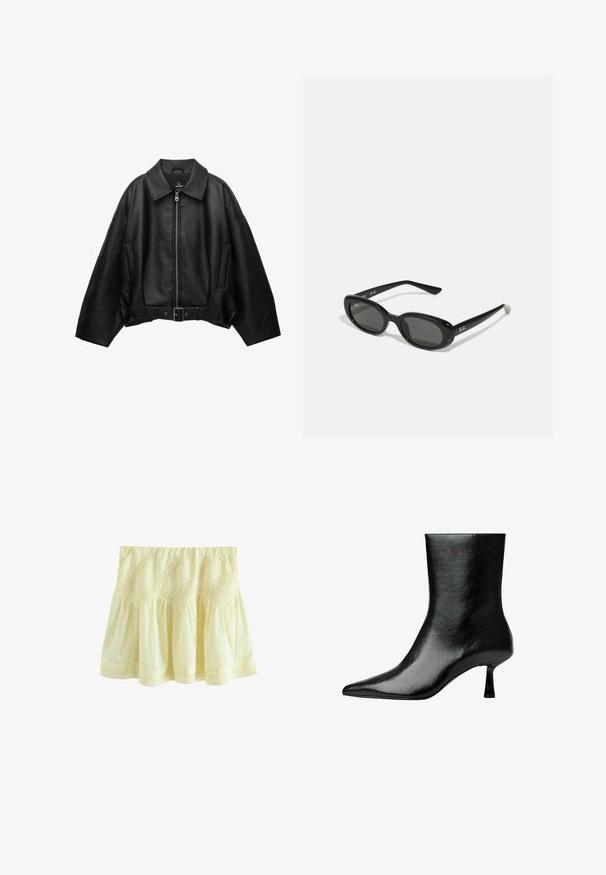 Čierna kožená bunda so širokým golierom, zipsom vpredu, dvoma bočnými vreckami a opaskom v páse, s voľným strihom a hladkou textúrou.; Svetlo šedý dlhý rukáv top s off-shoulder dizajnom a čiernymi akcentmi. Má okrúhly výstrih s viazaním na chrbte. Materiál z bavlnenej zmesi.; Žltá, vrstvená sukňa vyrobená z ľahkej tkaniny. Má zberanú textúru a dekoratívne prešívanie pozdĺž pásu a spodného lemu.; Čierne členkové topánky vyrobené z lesklej kože s ostrou špičkou a štíhlým podpätkom, s hladkou textúrou a minimalistickým dizajnom.; Čierne slnečné okuliare s oválnymi šošovkami, lesklý plastový rám a štíhle ramienka. Na boku majú biele logo Ray-Ban.; Čierna kožená kabelka s pletenými uchami, textúrovaným povrchom, zipsovým predným vreckom a dekoratívnymi strapcami. Kompaktne tvarovaná a štruktúrovaná.
