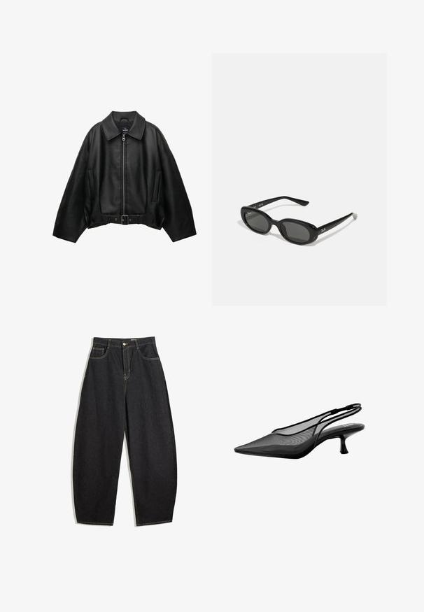 Veste en cuir noir avec un large col, fermeture éclair à l'avant, deux poches latérales et une taille ceinturée, présentant une coupe ample et une texture lisse.; Haut long à manches grises clair avec un design épaules dénudées et des accents noirs. Il présente un col rond avec un détail de lien au dos. Matière en mélange de coton.; Pantalons larges en denim noir avec taille haute, dotés de coutures jaunes, de deux poches avant et d'une fermeture à un bouton.; Next FOREVER BACK KITTEN HEELS - REGULAR FIT - Escarpins - black; Lunettes de soleil noires avec des verres ovales, monture en plastique brillant et branches fines. Présente le logo Ray-Ban en blanc sur le côté.; Sac à main en cuir noir avec poignées tressées, surface texturée, poche frontale zippée et accents de franges décoratives. Forme compacte et structurée.