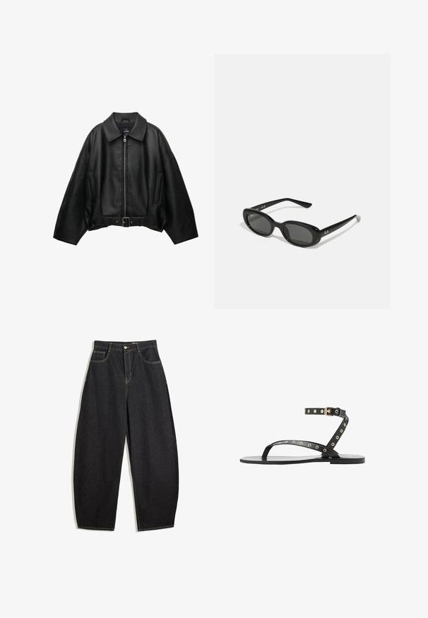 Musta nahkatakki, jossa on leveä kaulus, vetoketjusuljenta, kaksi sivutaskua ja vyötärölle sidottava vyö. Takissa on rento mitoitus ja sileä pinta.; Vaaleanharmaa pitkähihaisuus paita, jossa on olkaimeton muotoilu ja mustat yksityiskohdat. Ominaisuuksiin kuuluu pyöreä kaula-aukko, jossa on nauhatakuu taustalla. Kangas on puuvillasekoitetta.; Mustat farkut leveällä lahkeella ja korkealla vyötäröllä, joissa on keltainen tikkaus, kaksi etutaskua ja yksittäinen napitus.; Mustat litteät sandaalit ohuilla remmeillä, kultaisilla yksityiskohdilla ja nilkkaremillä, jossa on niittityyliset yksityiskohdat. Sujuva pinta ja minimalistinen muotoilu.; Mustat aurinkolasit, joissa on soikeat linssit, kiiltävä muovikehys ja kapeat varret. Sivussa on valkoinen Ray-Ban-logo.; Musta nahkalaukku, jossa on punotut kahvat, teksturoitu pinta, vetoketjullinen etutasku ja koristeelliset fringes-akoristeet. Kompakti ja jämäkkä muoto.