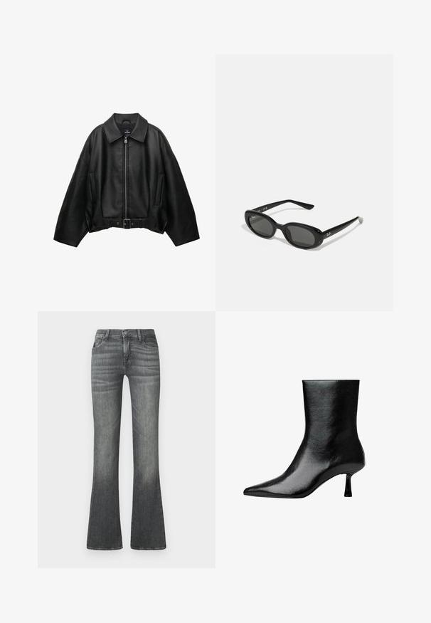 Musta nahkatakki, jossa on leveä kaulus, vetoketjusuljenta, kaksi sivutaskua ja vyötärölle sidottava vyö. Takissa on rento mitoitus ja sileä pinta.; Vaaleanharmaa pitkähihaisuus paita, jossa on olkaimeton muotoilu ja mustat yksityiskohdat. Ominaisuuksiin kuuluu pyöreä kaula-aukko, jossa on nauhatakuu taustalla. Kangas on puuvillasekoitetta.; Harmaat leveälahkeiset farkut, joissa on keskikorkeat vyötärö, hienovarainen haalistuminen ja klassinen viisi-taskuinen muotoilu.; Musta nilkkuri kiiltävästä nahasta, jossa on terävä kärki ja kapea korko, sekä sileä pinta ja minimalistinen muotoilu.; Mustat aurinkolasit, joissa on soikeat linssit, kiiltävä muovikehys ja kapeat varret. Sivussa on valkoinen Ray-Ban-logo.; Musta nahkalaukku, jossa on punotut kahvat, teksturoitu pinta, vetoketjullinen etutasku ja koristeelliset fringes-akoristeet. Kompakti ja jämäkkä muoto.
