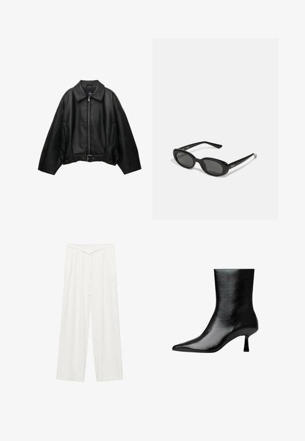 Jachetă din piele neagră cu guler larg, închidere cu fermoar în față, două buzunare laterale și talie cu curea, având o croială lejeră și o textură netedă.; Tricou lung gri deschis cu design off-shoulder și accente negre. Prezintă un decolteu rotund cu detalii legate la spate. Material dintr-un amestec de bumbac.; Pantaloni albi cu picioare largi, cu talie înaltă, dotati cu un cordon, textură moale și pliuri frontale pentru un plus de structură. Design minimalist.; Botine negre până la gleznă, fabricate din piele lucioasă, cu vârf ascuțit și toc subțire, având o textură netedă și un design minimal.; Ochelari de soare negri, cu lentile ovale, cadru din plastic lucios și brațe subțiri. Prezentă logo-ul Ray-Ban în alb pe lateral.; Geantă din piele neagră cu mânere împletite, suprafață texturată, buzunar frontal cu fermoar și accente decorative din franjuri. Formă compactă și structurată.