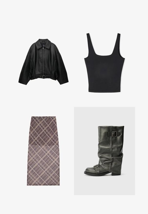 Schwarze Lederjacke mit einem breiten Kragen, Reißverschluss vorne, zwei Seitentaschen und einem taillierten Bund, mit lockerem Schnitt und glatter Textur.; Schwarzes Tanktop mit breiten Trägern, quadratischem Ausschnitt und taillierter Passform. Hergestellt aus glattem Stoff mit einem nahtlosen Saum für einen sauberen Abschluss.; Ein knielanger Rock aus einem durchsichtigen, leichten Stoff mit karierter Musterung in Brauntönen und Creme, glatter Textur und sauberen Kanten.; Schwarzer Fake-Leder-Ankle-Boot mit einem lässigen Schaft, einem auffälligen Absatz und zwei metallischen Schnallen an der Seite für Details.
