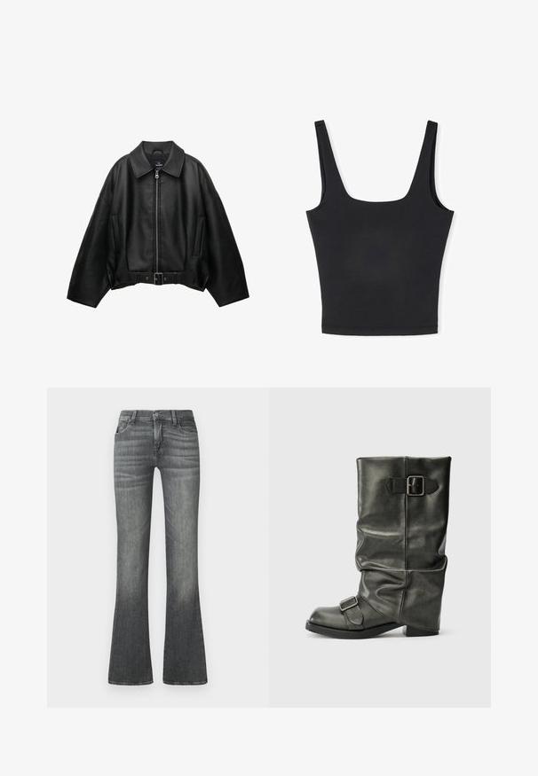 Giubbotto di pelle nera con un ampio colletto, chiusura con zip, due tasche laterali e vita cinturata, caratterizzato da una vestibilità ampia e una texture liscia.; Top nero senza maniche con spalline larghe, scollatura quadrata e design aderente. Realizzato in tessuto liscio con orlo senza cuciture per una finitura pulita.; Jeans grigi flare in denim, con vita a media altezza, leggera sbiaditura e design classico a cinque tasche.; Stivale alla caviglia in ecopelle nera con una canna morbida, tacco robusto e due fibbie metalliche laterali per dettagli.