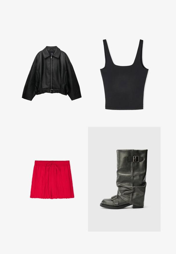 Czarna skórzana kurtka z szerokim kołnierzem, zapinana na zamek z przodu, z dwoma bocznymi kieszeniami i paskiem w talii, charakteryzująca się luźnym krojem i gładką teksturą.; Czarny top na ramiączkach z szerokimi paskami, kwadratowym dekoltem i dopasowanym krojem. Wykonany z gładkiego materiału z bezszwowym wykończeniem dla czystego efektu.; Czerwone, pomarszczone szorty z tkaniny z elastycznym pasem i zapięciem na sznurek. Charakteryzują się luźnym krojem i obszytymi krawędziami.; Czarne botki z sztucznej skóry do kostek z luźnym cholewką, masywnym obcasem i dwoma metalowymi klamrami po bokach dla dekoracji.