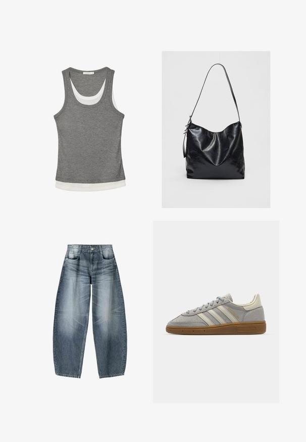 Giubbotto di pelle nera con un ampio colletto, chiusura con zip, due tasche laterali e vita cinturata, caratterizzato da una vestibilità ampia e una texture liscia.; Top grigio realizzato in tessuto a costine, con orlo a strati bianchi e scollo rotondo. Il design è senza maniche e presenta una forma aderente.; Jeans a gamba larga in denim azzurro chiaro con sfumature, dotati di design a cinque tasche, chiusura con bottone e dettagli di cucitura minimal.; Sneakers in suede grigio con strisce in pelle grigia chiara e suola in gomma color gomma. Le caratteristiche includono chiusura con lacci e branding sottile sulla linguetta.; Borsa a spalla in pelle nera con una finitura morbida e texture. Presenta un design curvo e una singola tracolla regolabile. Nessun componente metallico aggiuntivo.