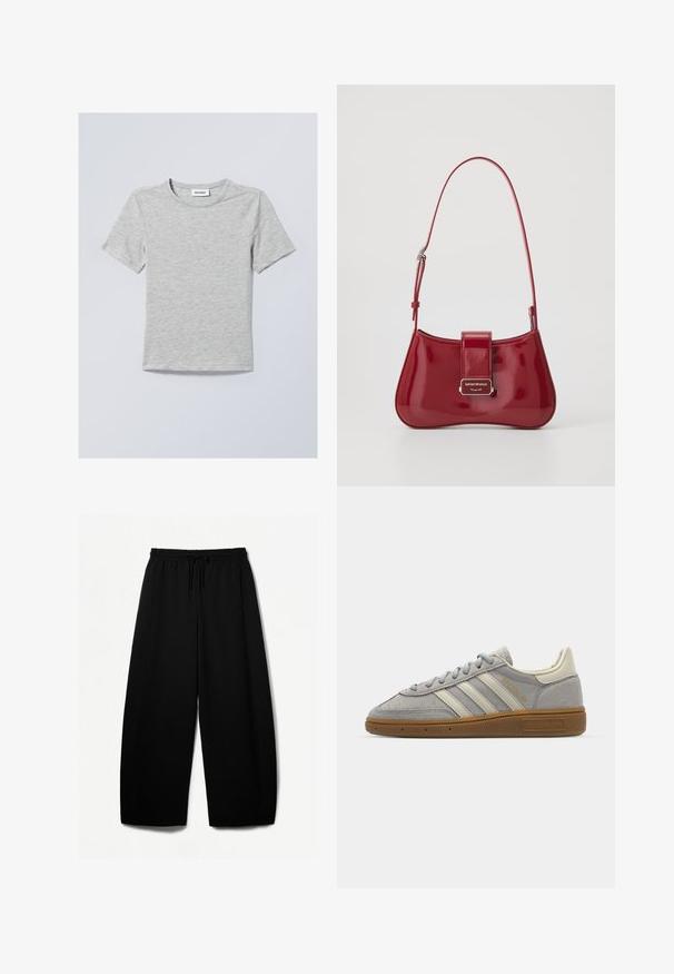 Černá kožená bunda s širokým límcem, zipovým předním zapínáním, dvěma bočními kapsami a pasem na opasek, s volným střihem a hladkým textilním povrchem.; Světle šedé tričko s krátkým rukávem vyrobené z měkké látky. Má kulatý výstřih a jednoduché, čisté linie bez vzorů či ozdob.; Černé široké kalhoty s elastickým pasem a šňůrkou. Měkká tkanina s hladkým povrchem. Rovný střih s bočními švy.; Šedé semišové tenisky se světle šedými koženými pruhy a gumovou podrážkou. Vybavení zahrnuje šněrování a decentní branding na jazyku.; Červená lakovaná kožená kabelka s oblým tvarem, klopou a stříbrným logem. Součástí je nastavitelné ramenní pásmo.
