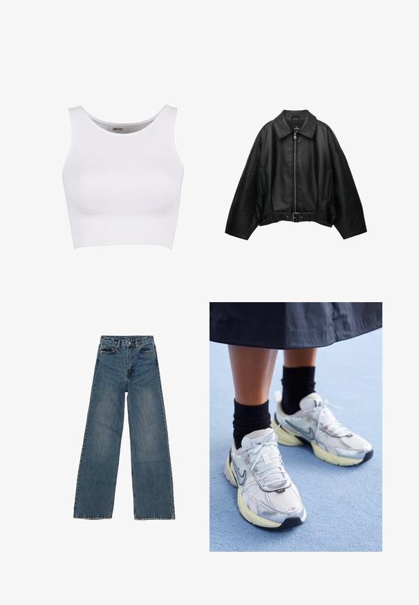 Black leather jacket with a wide collar, zip front, two side pockets, and a belted waist, featuring a loose fit and smooth texture.; White ribbed crop top with a rounded neckline and wide straps. Features a stretchy texture, designed for comfort and ease of movement.; Blue denim wide-leg jeans with a high waist, five pockets, and contrasting stitching. Fades and minor distressing visible on fabric.; White and silver Nike sneakers with mesh fabric, reflective accents, and a beige sole. Worn with black socks, standing on a blue surface.