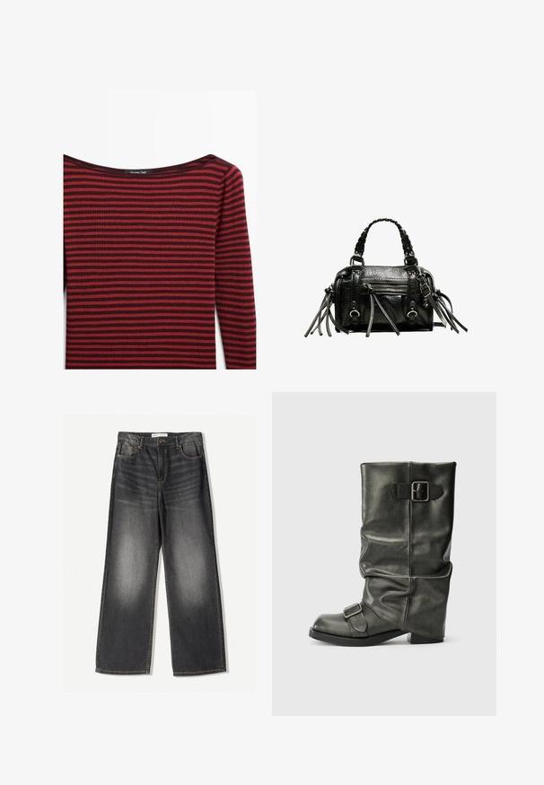 Giubbotto di pelle nera con un ampio colletto, chiusura con zip, due tasche laterali e vita cinturata, caratterizzato da una vestibilità ampia e una texture liscia.; Maglietta a maniche lunghe a righe rosso e bordeaux scuro con un ampio scollo poco profondo e una texture a costine. L'etichetta riporta "Massimo Dutti."; Jeans a gamba larga grigio scuro realizzati in denim, con cinque tasche, una chiusura frontale con zip e cuciture a contrasto lungo le cuciture.; Stivale alla caviglia in ecopelle nera con una canna morbida, tacco robusto e due fibbie metalliche laterali per dettagli.; Borsa a mano in pelle nera con manici intrecciati, superficie testurizzata, tasca frontale con zip e dettagli decorativi in frange. Forma compatta e ben strutturata.