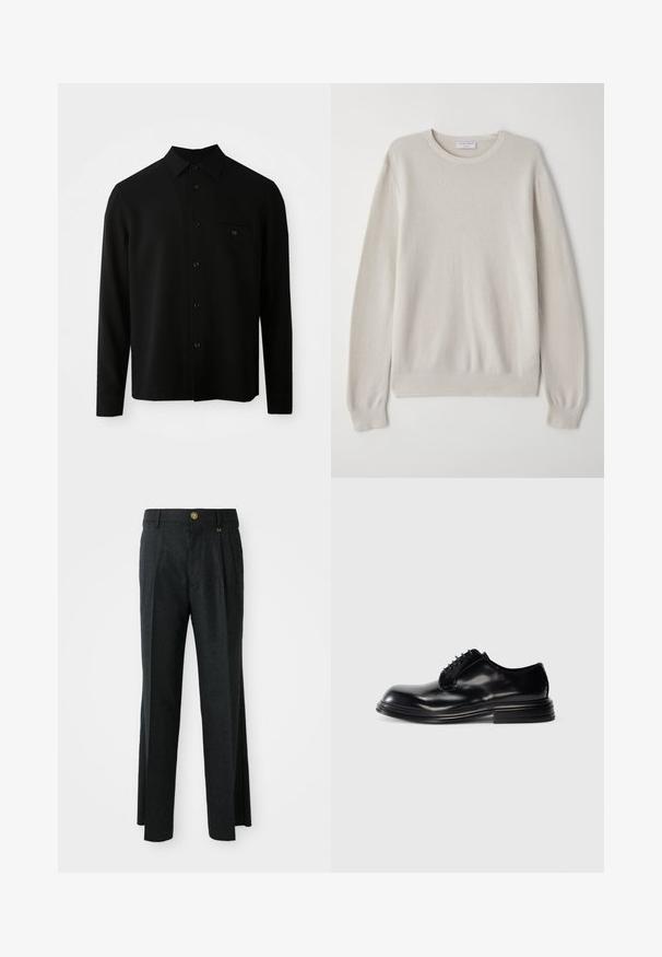 Black long-sleeve shirt featuring a button-down collar, front pocket, and a buttoned closure; made from a smooth, textured fabric.; Light beige sweater made of soft knit fabric. Crew neckline, long sleeves, ribbed cuffs, and hem with subtle texture detail.; Dark gray trousers with a flat front and pleats, featuring a golden button and zipper closure, made from a textured wool blend fabric.; Black leather dress shoe with a rounded toe, smooth finish, lace-up design, and a stacked heel. Minimalist style with no visible logos.