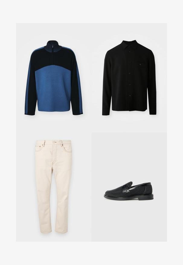 Svart langermet skjorte med krage som lukkes med knapper, frontlomme og knappestilling; laget av et glatt, strukturert stoff.; Blå og svart zip-up genser med høy hals, ribbet tekstur og lange ermer; har en gradientdesign med horisontale fargeblokker.; Beige denimjeans med rett ben, med fem lommer, kontraststing og knappelukking i midjen.; Sorte vevde slip-on sko med en glatt lærdetalj på overdelen, design med rund tå og en lavprofil gummisåle.