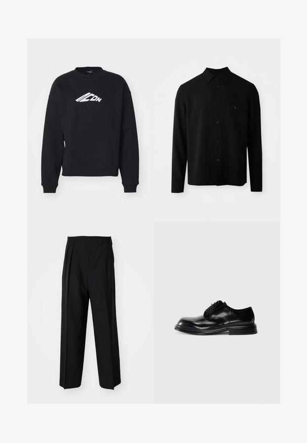 Sort langærmet skjorte med button-down krave, forlommeslomme og knaplukning; lavet af et glat, struktureret stof.; Sort sweatshirt med rund hals, lange ærmer og ribbede manchetter. Har et hvidt trykt tekstgrafik på forsiden og en afslappet pasform.; Sorte plisserede bukser med et lige, bred ben-design. Fremstillet af glat stof, med en knaplukning og bæltesløjfer.; Sorte læderherresko med rund tå, glat finish, snøresystem og stablet hæl. Minimalistisk stil uden synlige logoer.