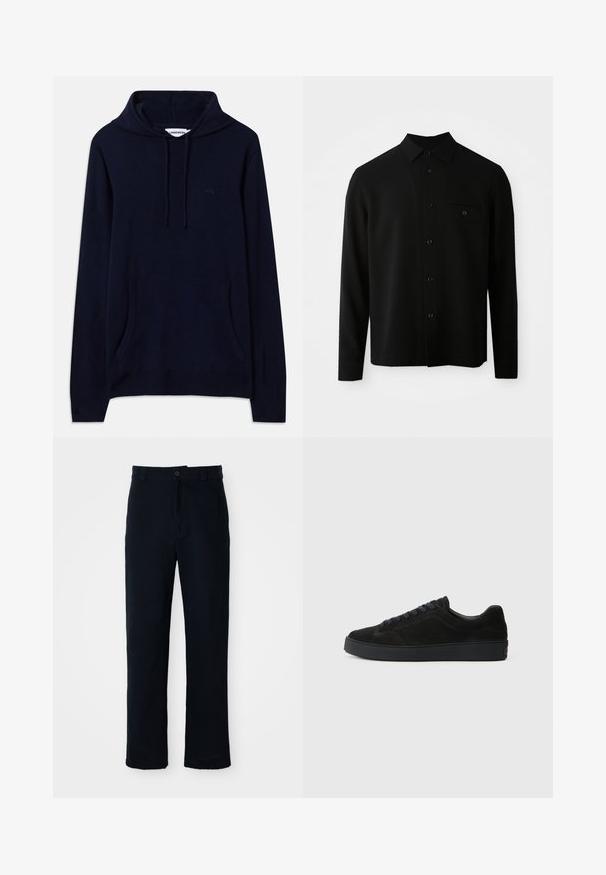 Svart langermet skjorte med krage som lukkes med knapper, frontlomme og knappestilling; laget av et glatt, strukturert stoff.; Marineblå hettegenser med kengurulomme, ribbede mansjetter og hem; laget av mykt materiale med en subtil logo detalj på brystet.; Navyblå bukser laget av bomull, med rett ben-design, frontlukking med knapp og klassisk midje med beltehanker.; Svart semsket sneaker med en flat, teksturert såle, rund tupp, seks hull for snøring og et minimalistisk design.