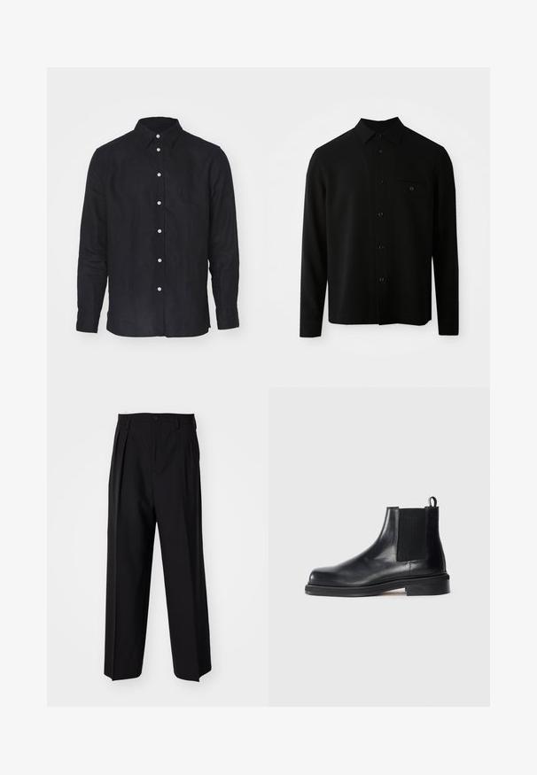 Fekete, hosszú ujjú ing, gombos nyakkal, elülső zsebből és gombos záródással; sima, struktúrált anyagból készült.; Fekete hosszú ujjas ing lenvászonból, klasszikus gallérral és fehér gombokkal elöl, sima textúrával és laza szabással.; Fekete, pliszírozott nadrág, egyenes, széles lábakkal. Sima anyagból készült, gombos záródással és övhurkokkal rendelkezik.; Fekete bőr Chelsea bokacsizma elasztikus oldalsó panelekkel, kerek orral, húzófüllel a sarkán és alacsony, rétegelt talppal egyszínű háttéren.