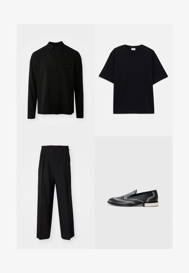 Black long-sleeve shirt featuring a button-down collar, front pocket, and a buttoned closure; made from a smooth, textured fabric.; Black short-sleeve oversized T-shirt with round neckline and visible Filippa K brand label inside the collar.; Black pleated trousers with a straight, wide-leg design. Made from smooth fabric, featuring a button closure and belt loops.; Black leather loafers with white decorative stitching and a metallic accent on the heel, featuring a smooth texture and streamlined silhouette.