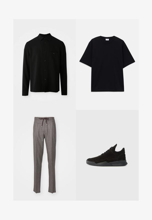 Čierna košeľa s dlhým rukávom, s golierom na gombíky, prednou vreckom a gombíkovým zapínaním; vyrobená z hladkej, textúrovanej tkaniny.; Čierne nadrozmerné tričko s krátkym rukávom a okrúhlym výstrihom, s viditeľnou značkovou etikou Filippa K vo vnútri goliera.; Sivé tkané nohavice s elastickým pásom na šnúrku, s jemným károvaným vzorom, dvoma prednými záhybmi a zúženými nohavicami.; Čierne semišové tenisky s nízkym profilom, textúrovaným zvrškom, plochými šnúrkami a pevným gumovým podpätkom s jemným zdvihom a zakriveným dizajnom.