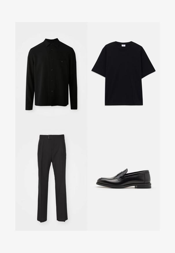 Must have pikkade varrukatega must särk, millel on nööpidega krae, esitasku ja nööpidega sulgemine; valmistatud siledast, tekstureeritud kangast.; Must t-särk, lühikeste varrukatega, üle mõõdu, ümmarguse kaelusega ja nähtava Filippa K brändi sildiga kaelas.; Mustad vooderdatud püksid, millel on sirge sääre disain, kaks esikotti ja topelt-nööbikinnitus vööosas. Sile kangatekstuur.; Mustad mustad nahast loafers sileda tekstuuriga, ümarat ninaosa ja dekoratiivne riba vampi üle. Madal kihiline konts, minimalistlik disain.