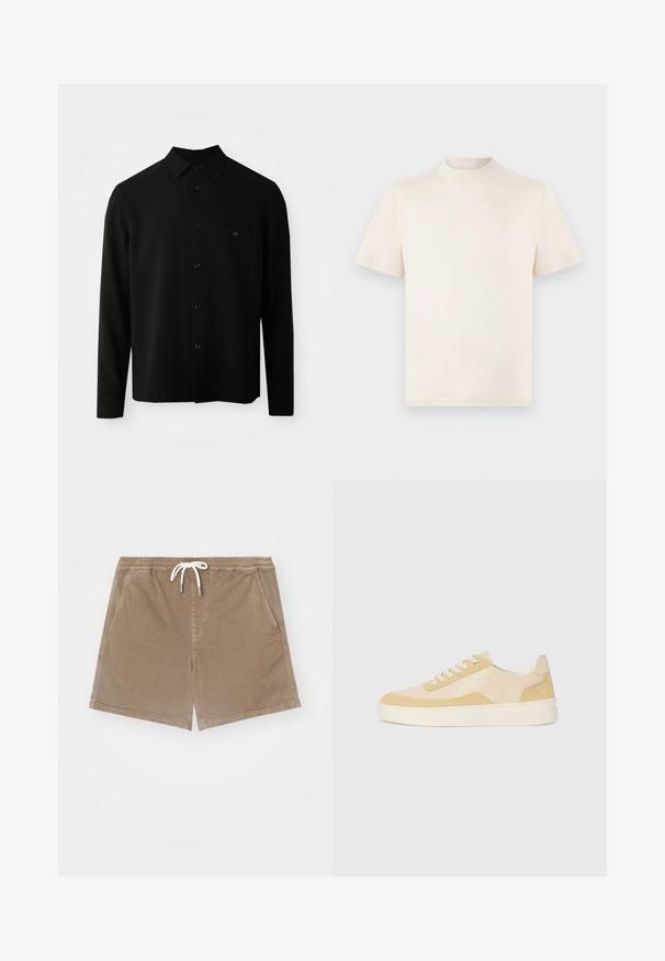 Chemise noire à manches longues avec un col boutonné, une poche avant et une fermeture boutonnée ; fabriquée en tissu lisse et texturé.; T-shirt crème à manches courtes avec un col montant, fabriqué en coton doux. Présente un logo embossé subtil sur la poitrine.; Shorts en coton marron avec une taille élastique et un cordon de serrage blanc, dotés de deux poches latérales et d'une coupe droite.; Baskets en suède et cuir jaune clair, avec une semelle rembourrée et des accents cousus. Design classique à lacets avec un bout arrondi.