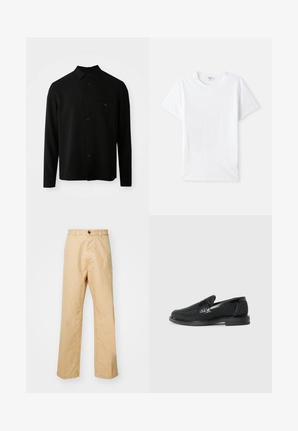 Black long-sleeve shirt featuring a button-down collar, front pocket, and a buttoned closure; made from a smooth, textured fabric.; White cotton t-shirt, crew neckline, short sleeves, smooth texture, no patterns or accents, simple design, standard fit.; Khaki chinos with a straight leg fit, made from cotton fabric, featuring a front button closure and belt loops. Smooth texture, no pattern.; Black woven slip-on shoe with a smooth leather accent on the upper, a round toe design, and a low-profile rubber sole.