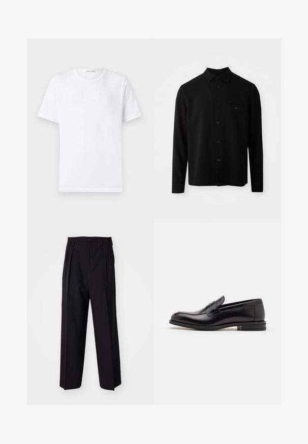 Melna garām piedurknēm krekls ar pogājamu apkakli, priekšējo kabatu un pogāmu aizdari; izgatavots no gludas, strukturētas auduma.; Balta kokvilnas T-kreklā ar apaļu kakla izgriezumu un īsām piedurknēm. Iekļauta diskrēta reljefā logotipa izšuvums uz krūtīm. Gluda tekstūra, standarta piegriezums.; Melnas plisētās bikses ar taisnu, plata kāja dizainu. Izgatavotas no gludas auduma, ar pogu aizdari un jostas cilpiņām.; Melnas ādas kurpes ar gludu tekstūru, noapaļu purngalu un dekoratīvu siksniņu pāri priekšpusei. Zems sakrauts papēdis, minimālisma dizains.