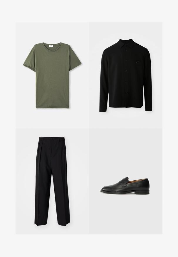 Black long-sleeve shirt featuring a button-down collar, front pocket, and a buttoned closure; made from a smooth, textured fabric.; Plain olive green short-sleeve crew neck T-shirt laid flat on a white background.; Black pleated trousers with a straight, wide-leg design. Made from smooth fabric, featuring a button closure and belt loops.; Black leather loafer with a rounded toe, subtle stitched detailing, and a low heel, featuring a smooth texture and minimalist design.