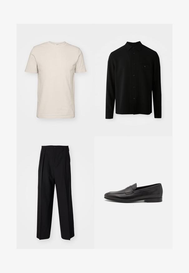 Schwarz langärmliges Shirt mit Button-Down-Kragen, einer Vorderseite mit Tasche und Knopfverschluss; hergestellt aus einem glatten, strukturierten Stoff.; Kurzarm-T-Shirt mit Rundhalsausschnitt aus hellbeigem Baumwollstoff. Es zeichnet sich durch eine glatte Textur, einen klassischen Schnitt und ein schlichtes Design ohne Muster oder Verzierungen aus.; Schwarze, plissierte Hose mit geradem, weitem Bein. Hergestellt aus glattem Stoff, mit Knopfverschluss und Gürtelschlaufen.; Schwarze Leder-Herrenloafer mit niedrigem Absatz und klassischem Penny-Riemen-Design, seitlich auf einem weißen Hintergrund dargestellt.
