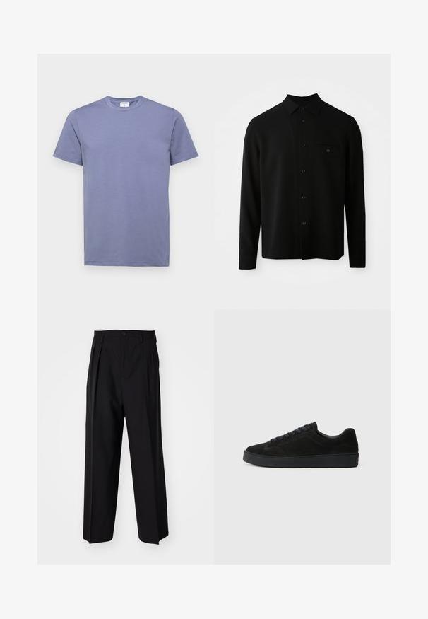 Svart langermet skjorte med krage som lukkes med knapper, frontlomme og knappestilling; laget av et glatt, strukturert stoff.; Filippa K TEE - T-shirts - grey blue; Sorte plissert bukser med en rett, bred benform. Laget av glatt stoff, med knappelukking og beltehemper.; Svart semsket sneaker med en flat, teksturert såle, rund tupp, seks hull for snøring og et minimalistisk design.
