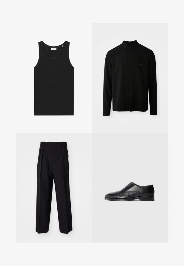 Black long-sleeve shirt featuring a button-down collar, front pocket, and a buttoned closure; made from a smooth, textured fabric.; Black sleeveless tank top made of soft fabric. Features a rounded neckline and clean edges, with a simple design and no visible logos.; Black pleated trousers with a straight, wide-leg design. Made from smooth fabric, featuring a button closure and belt loops.; Black leather dress shoe with a rounded toe, smooth texture, lace-up design, and a subtle seam detail, featuring a low, flat heel.
