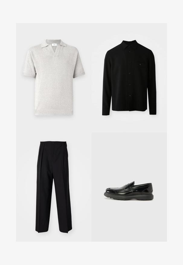 Juodas ilgas rankovės marškinis su mygtukų užsegimu, priekine kišenėle ir mygtukų užsegimu; pagamintas iš lygaus, tekstūrinio audinio.; Trumpas rankovėmis, šviesiai pilkas megztas polo marškinėliai su V formos kaklu, tekstūruotu raštu ir tradicine apykakle. Lengvas audinys suteikia kasdienį įvaizdį.; Juodi klostuoti kelnių, su tiesiu, plačiu kojų dizainu. Pagaminti iš lygios medžiagos, su mygtukų uždarymu ir diržo kilputėmis.; Juodas odinis loaferis su blizgiu paviršiumi, apvaliu pirštu, subtiliais siūlių detalėmis ir storu guminio pado, užtikrinančio ilgaamžiškumą.