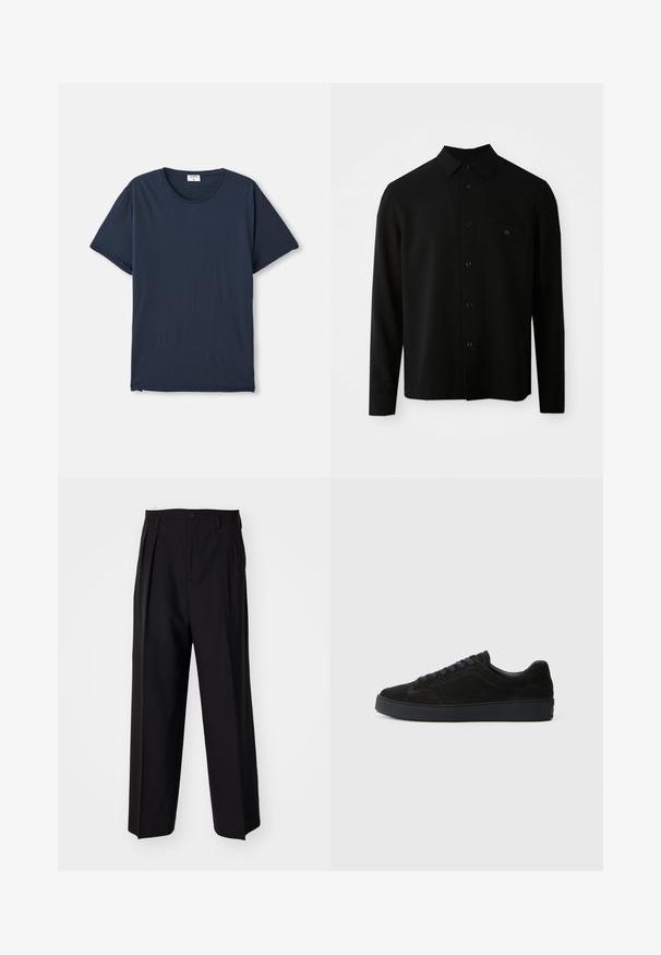 Black long-sleeve shirt featuring a button-down collar, front pocket, and a buttoned closure; made from a smooth, textured fabric.; Navy blue short-sleeve crew neck t-shirt with a small white label inside the collar on a white background.; Black pleated trousers with a straight, wide-leg design. Made from smooth fabric, featuring a button closure and belt loops.; Black suede sneaker with a flat, textured sole, rounded toe, six eyelets for laces, and a minimalist design.