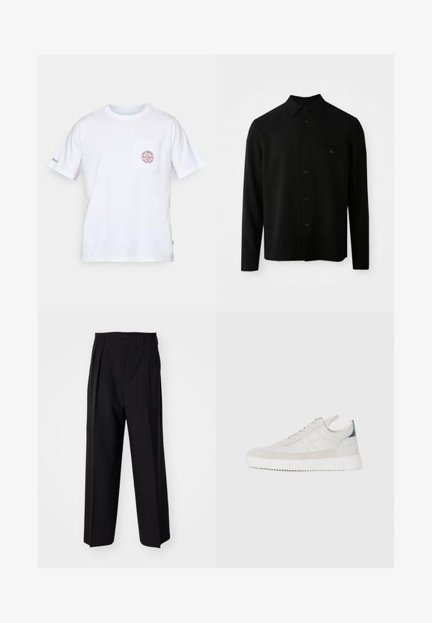 Zwarte langemouwhemd met een button-down kraag, een borstzak en een knoopsluiting; gemaakt van een gladde, gestructureerde stof.; Witte katoenen T-shirt met een ronde hals, korte mouwen en een borstzak met een rood en blauw logo ontwerp. Standaard pasvorm.; Zwarte geplooide broeken met een rechte, brede pijpontwerp. Gemaakt van soepele stof, met een knoopsluiting en riemlussen.; Witte leren sneakers met grijze suède accenten, vetersluiting, een trekhaak en een gestructureerde rubberen zool met een zigzagpatroon.