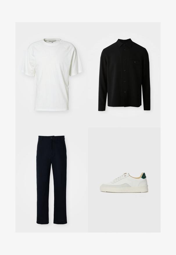 Juodas ilgas rankovės marškinis su mygtukų užsegimu, priekine kišenėle ir mygtukų užsegimu; pagamintas iš lygaus, tekstūrinio audinio.; Balta marškinėliai, pagaminti iš minkštos medvilnės; turi apvalų iškirpimą, trumpas raglan rankoves ir laisvą siluetą; minimalistinis dizainas be raštų ar akcentų.; Tamsiai mėlynos medvilninės kelnės, turinčios tiesioginį kirpimą, priekyje užsegamos mygtuku ir klasikine juosta su dirželio kilpom.; Baltos sportbačiai su zomšos akcentais, apvaliu nosiu, plokščiais raišteliais ir kreminės spalvos guminiu padu. Ant kulno yra žalia ženklinimo detalė.