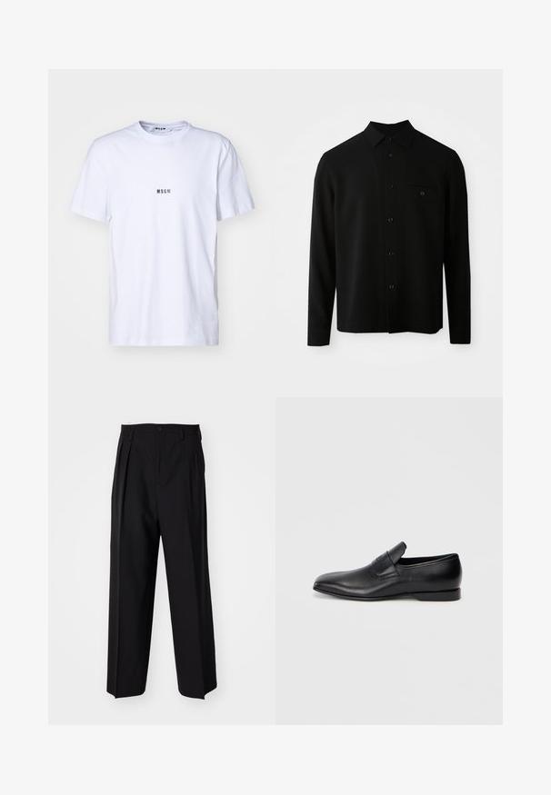 Maglietta nera a maniche lunghe con colletto a camicia, taschino frontale e chiusura a bottoni; realizzata in un tessuto liscio e texture.; T-shirt bianco in cotone con scollatura rotonda, maniche corte e un piccolo logo nero "MSGM" stampato sul davanti. Texture liscia.; Pantaloni neri a pieghe con un design dritto e gamba larga. Realizzati in tessuto morbido, con chiusura a bottone e passanti per cintura.; Scarpa nera in pelle slip-on con punta affusolata, texture liscia e branding discreto sul lato. Tacco basso con un design pulito e minimalista.