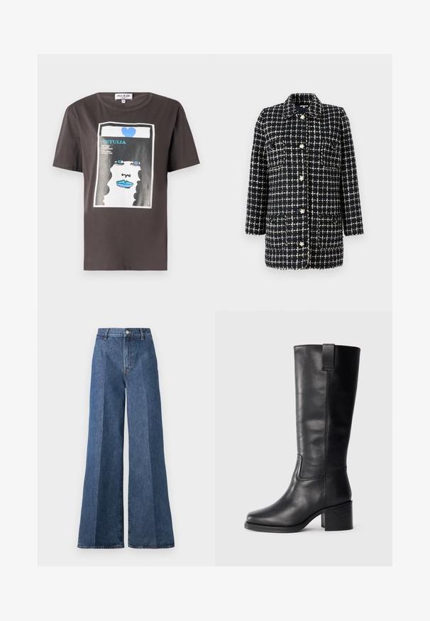 Marineblauwe en witte geruite blazer van gestructureerde stof, met een kraag, lange mouwen, grote zakken en decoratieve knopen.; Graphic T-shirt in donkergrijs katoen met een kleurrijke print van een vrouwen gezicht met blauwe lippen en een blauw hart, ronde halslijn en korte mouwen.; Wijd flonkerige blauwe denim jeans met een hoge taille, voorzien van klassieke vijf-pocketstijl en een knoopsluiting, gemaakt van gestructureerde katoen.; Zwarte leren kniehoge laarzen met een gladde textuur, vierkante neus, blokhak en zijhandvat, met minimale stikseldetails.