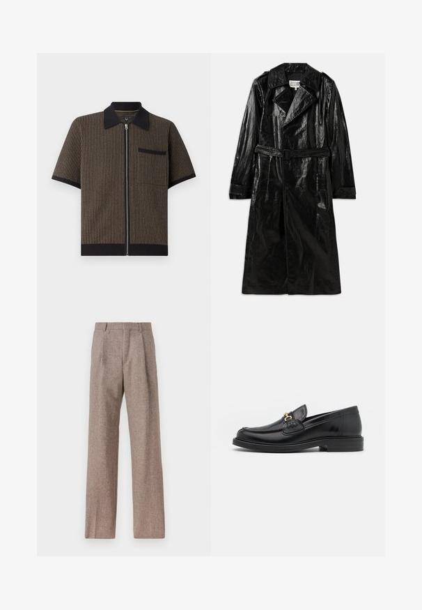 Schwarzer, langer Trenchcoat aus glänzendem Material mit zwei Reihen Knöpfen, großem Kragen, tailliertem Gürtel und Seitentaschen.; Kurzärmliges, Reißverschlusshemd aus braun gestreiftem Stoff mit schwarzem Kragen und Tasche, das über eine strukturierte Materialoberfläche und gerippte Saumdetails verfügt.; Weißes Langarm-Hemd mit Knöpfen aus Baumwolle, ausgestattet mit einer Brusttasche mit tonalem Stickerei, einem Kragen und Knopfmanschetten.; Braune, hochtaillierte Hose aus strukturiertem Stoff. Mit weitem Bein und zwei vorderen Bügelfalten für zusätzliche Form. Saubere Verarbeitung ohne sichtbare Hardware.; Schwarze Lederleter mit einer abgerundeten Zehenpartie, ausgestattet mit goldenen Hardwareakzenten und Stichdetails, auf einer niedrigen, strukturierten Gummisohle.