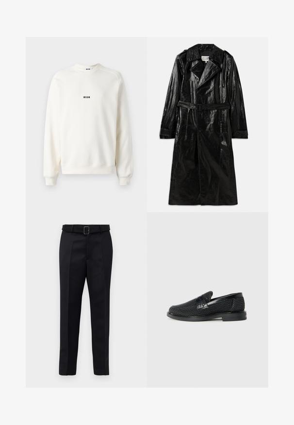 Juodas ilgas paltas iš blizgaus audinio, su dvigubos apykaklės uždarymu, dideliu apykakliu, diržu ant liemens ir šoniniais kišenėmis.; Kreminės spalvos džinsinės suapvalinta apykakle, su guma apatinėse rankovėse ir apatinėje dalyje. Krūtinėje yra mažas juodas "MSGM" logotipas. Lygus paviršius.; Juodos pritaikytos kelnės turi lygią medžiagą, tiesų kirpimą ir diržą su stačiakampiu sagtimi. Išskirtiniai priekiniai raukšliai pagerina dizainą.; Juodas pintas slip-on tipo batelis su lygiu odiniu akcentu viršuje, apvalios nosies dizainas ir žemas guminis padas.