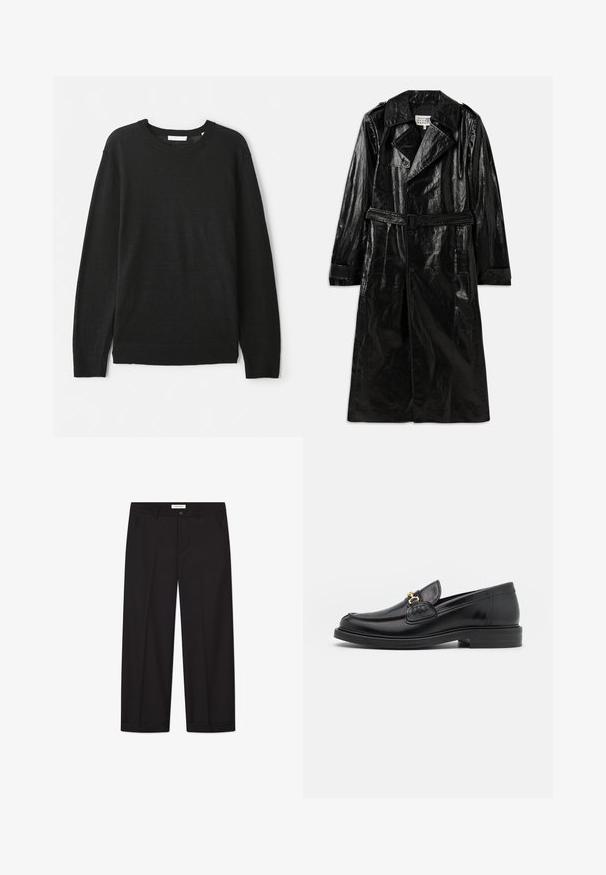 Must muuled trenssükk, mis on valmistatud läikivast materjalist, kahekordse nööpidega ees, suure krae, vööga puusade ning küljetaskutega.; Must have pikkade varrukatega must kampsun, mis on valmistatud kerge kudumiskangaga. Omab ümmargust kaelust ja soonikkoes mansette ning alumist serva. Ilma mustrite või kaunistusteta.; Mustmust valmistatud kergest, läbipaistvast kangast, millel on nööpidega disain, pikkade varrukatega ja valgete täppidega muster.; Ron Dorff Trükipildiga T-särk - black; Mustad laiad püksid, mis on valmistatud siledast kangast. Omab nuppe ja tõmblukku, kahte eesmist taskut ja teravat äärestust.; Mustad nahast loafers ümarate varvastega, millel on kuldne riistvaraline aksessuaar ja tikandite detail, paigutatud madalale, tekstureeritud kummist tallale.