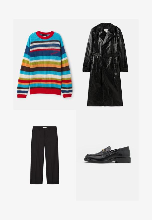 Schwarzer, langer Trenchcoat aus glänzendem Material mit zwei Reihen Knöpfen, großem Kragen, tailliertem Gürtel und Seitentaschen.; Mehrfarbiger Strickpullover mit horizontalen Streifen in Blau, Rot, Grün und Braun. Roter gerippter Ausschnitt und Bündchen. Leichtes, offenes Gewebe.; Schwarze Weite Hosen aus glattem Stoff. Besitzt einen Knopf- und Reißverschluss, zwei Fronttaschen und einen sauberen Saumabschluss.; Schwarze Lederleter mit einer abgerundeten Zehenpartie, ausgestattet mit goldenen Hardwareakzenten und Stichdetails, auf einer niedrigen, strukturierten Gummisohle.