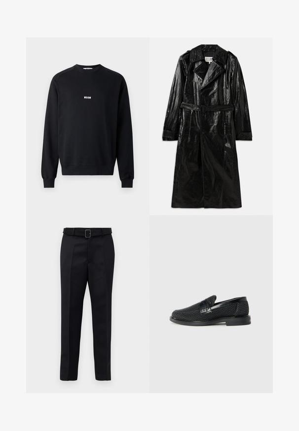 Melnā garā trenču mēteli, kas izgatavots no spīdīga materiāla, ar divpusēju aizdari, lielu apkakli, jostu vidukļa daļā un sānu kabatām.; Melna džemperis, izgatavots no kokvilnas maisījuma, ar apaļu kakla izgriezumu, garām piedurknēm, ribotām aprocēm un baltu MSGM logotipu uz krūšu.; Melni piegriezti bikses ar gludu audumu, taisnu piegriezumu un jostu ar taisnleņķa sprādzi. Pamanāmie priekšējie iegriezumi uzlabo dizainu.; Melnas austas slaidu kurpes ar gludu ādas akcentu augšpusē, apaļas formas purngalu un zemas profila gumijas zoli.