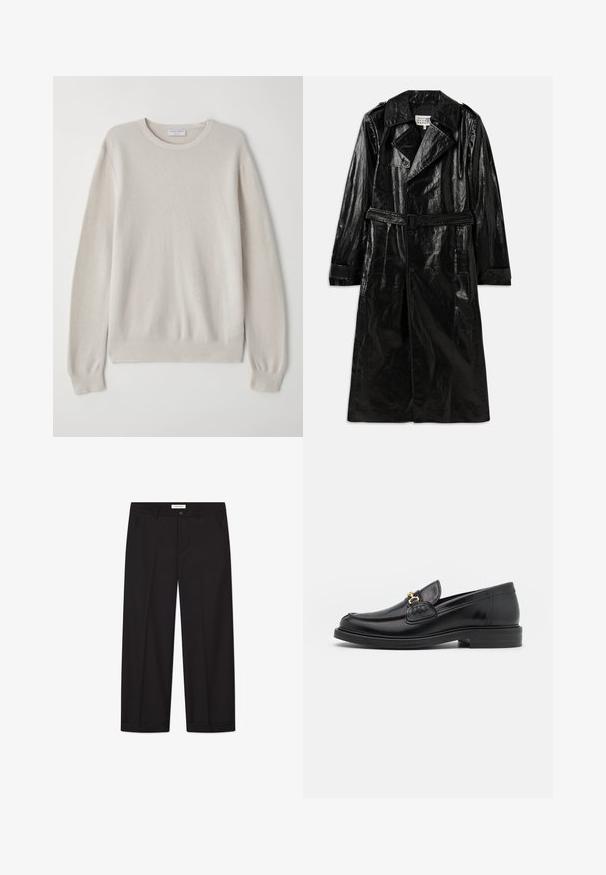 Juodas ilgas paltas iš blizgaus audinio, su dvigubos apykaklės uždarymu, dideliu apykakliu, diržu ant liemens ir šoniniais kišenėmis.; Šviesiai smėlio spalvos megztinis, pagamintas iš minkštos mezgimo medžiagos. Apvalus iškirpimas, ilgos rankovės, gilesni kūgio formos rankogaliai ir apvadas su subtiliu tekstūros detailiu.; Juodas marškinys, turintis sagčių dizainą, ilgomis rankovėmis ir baltų taškelių raštu, pagamintas iš lengvos, permatomos medžiagos.; Ron Dorff Marškinėliai su spaudiniu - black; Juodi plačios kelnės, pagamintos iš lygaus audinio. Įrengtas sagtys ir užtrauktukas, dvi priekinės kišenės ir aštrus kraštas.; Juodos odinės loafer tipo bateliai su apvaliuku, su auksinėmis detalėmis ir siuvinėjimo akcentais, įrengti ant žemos, tekstūruotos gumos pado.