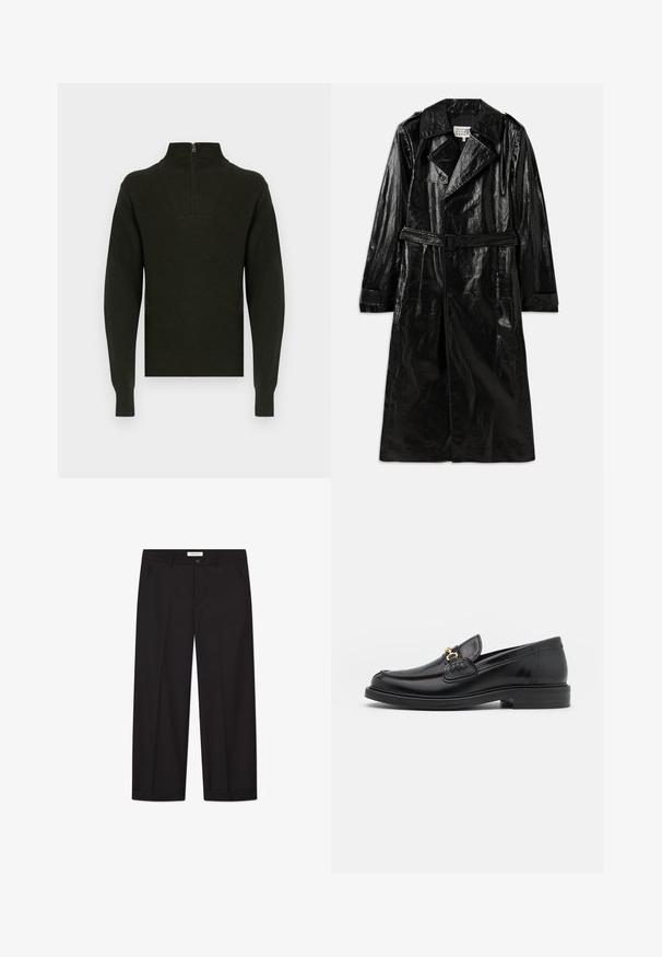 Juodas ilgas paltas iš blizgaus audinio, su dvigubos apykaklės uždarymu, dideliu apykakliu, diržu ant liemens ir šoniniais kišenėmis.; Tamsiai žalias megztas megztinis su aukštu apykakle, ribinėmis rankogaliais ir pusiau užtraukiamu užtrauktuku nugaroje. Švelnios tekstūros ir lieknas dizainas.; Juodas marškinys, turintis sagčių dizainą, ilgomis rankovėmis ir baltų taškelių raštu, pagamintas iš lengvos, permatomos medžiagos.; Juodi plačios kelnės, pagamintos iš lygaus audinio. Įrengtas sagtys ir užtrauktukas, dvi priekinės kišenės ir aštrus kraštas.; Juodos odinės loafer tipo bateliai su apvaliuku, su auksinėmis detalėmis ir siuvinėjimo akcentais, įrengti ant žemos, tekstūruotos gumos pado.
