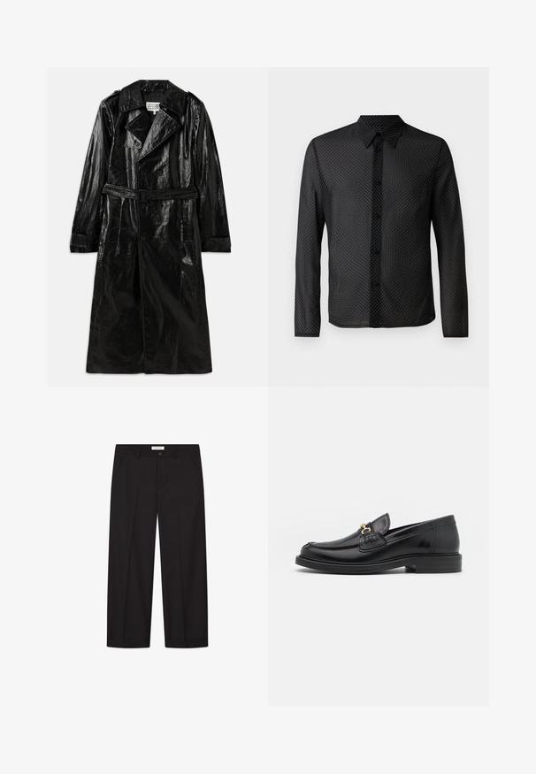 Palton lung negru din material lucios, cu închidere cu două rânduri de nasturi, guler mare, talie curea și buzunare laterale.; Camică neagră cu un design cu nasturi, mâneci lungi și un model cu buline albe, fabricată dintr-un material ușor, transparent.; Ron Dorff Tricou cu imprimeu - black; Pantaloni largi negri din țesătură netedă. Au închidere cu nasture și fermoar, două buzunare frontale și un finisaj curat la tiv.; Loaferi din piele neagră cu vârf rotunjit, dotati cu accente aurii și detalii de cusătură, așezați pe o talpă joasă din cauciuc texturat.