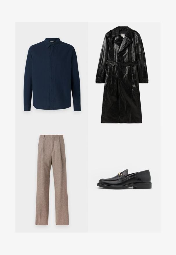 Čierny dlhý trenčkot vyrobený z lesklého materiálu, s dvojradovým zapínaním, veľkým golierom, pásom a bočnými vreckami.; Ron Dorff Košeľa - deep ocean; Hnedé, vysoké nohavice vyrobené z texturovanej látky. Majú široké nohavice a dva predné záhyby pre štruktúru. Úhľadné spracovanie bez viditeľného kovania.; Čierne kožené loafers so zaoblenou špičkou, s pozlátenými kovovými prvkami a detailným šitím, uložené na nízkej, textúrovanej gumenej podrážke.