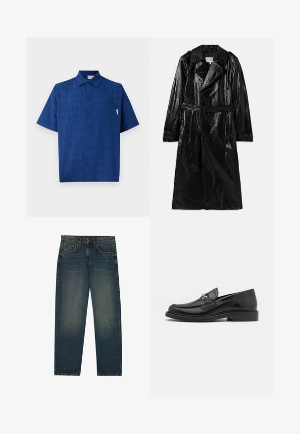 Fekete, hosszú trencskó, fényes anyagból készült, dupla gombolású záródással, nagy gallérral, övvel ellátott derékkal és oldalzsebekkel.; Rövid ujjú, kék ing struktúrált anyagból, finom mintázattal, gombos elejével és egyetlen mellzsebbel.; Fehér, rövid ujjú felső pamut anyagból, kerek nyakkivágással. Egyszerű dizájn, minta vagy díszítés nélkül. Sima textúra.; Sötétkék farmernadrág egyenes szabással, öt zsebes dizájnnal és enyhén kopott textúrával a lábakon. Kényelmes viselet mindennapi használatra.; Fekete bőr loaferek, lekerekített orral, aranyszínű fémrész és varrási részletek díszítik, alacsony, strukturált gumitalpon.